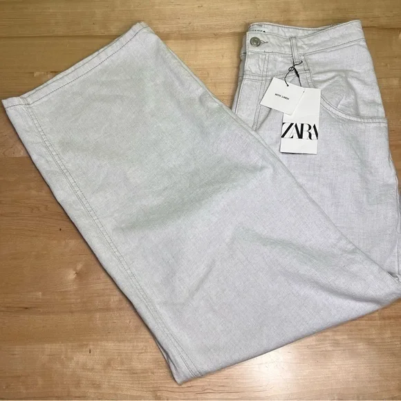ZARA cotton/linen neutral flare high waist pants size M NWT - Picture 1 of 8